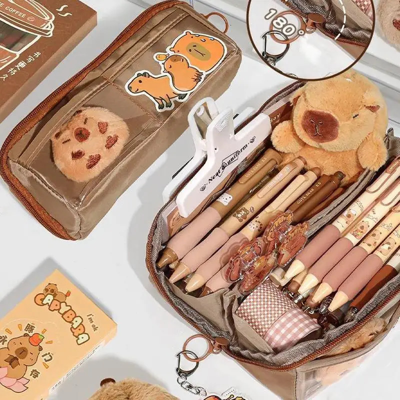 Ship from US Cute Pencil Case Pen Bag MultiLayer Pouch Large Capacity Capybara Box Holder For Cosmetic Erasers 250227FBB