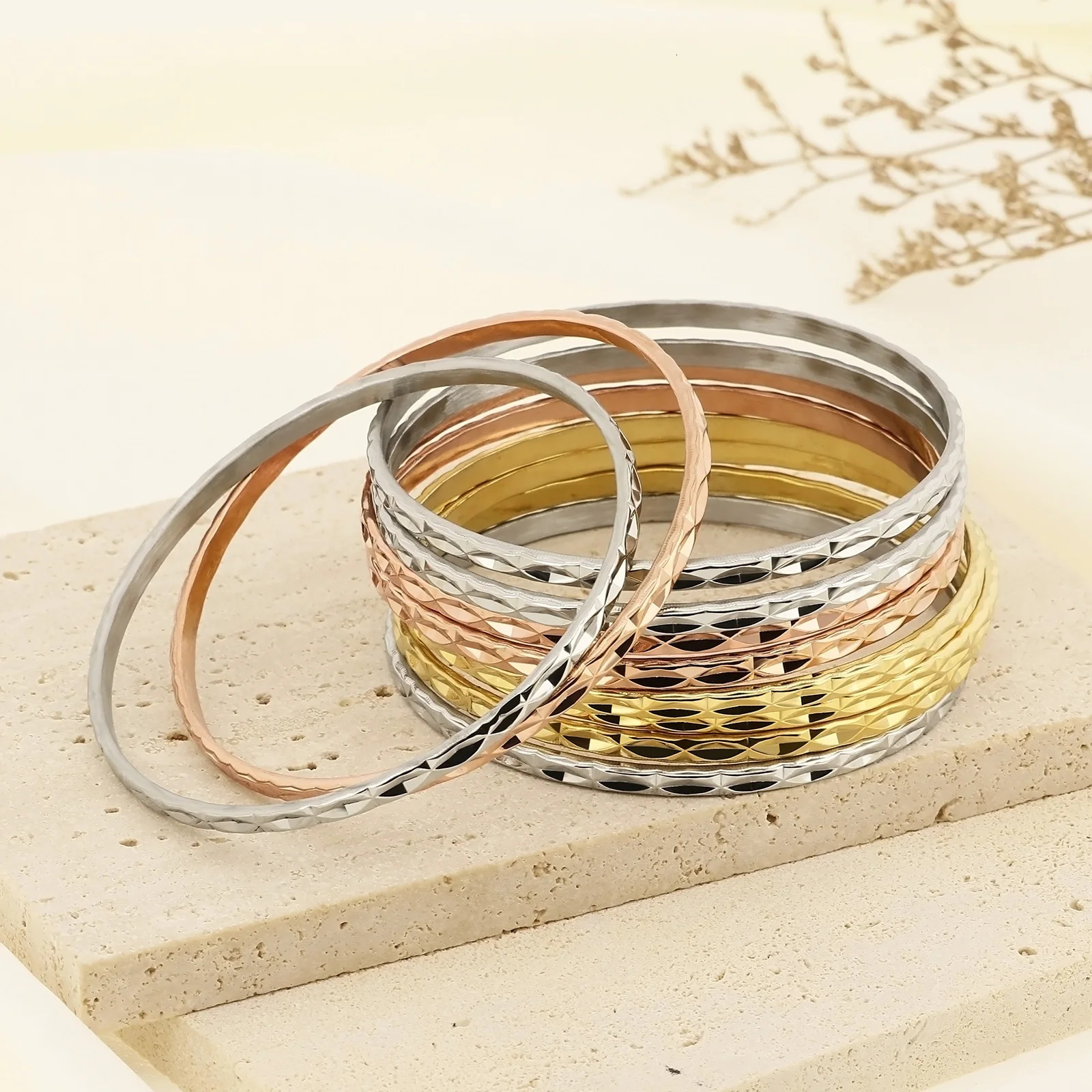 Kalen 1pcs 7pcs Minimalist Water Wave Pattern Bracelet Stainless Steel Womens Fashion Jewelry Gold Silver Rose Gold Color 250227