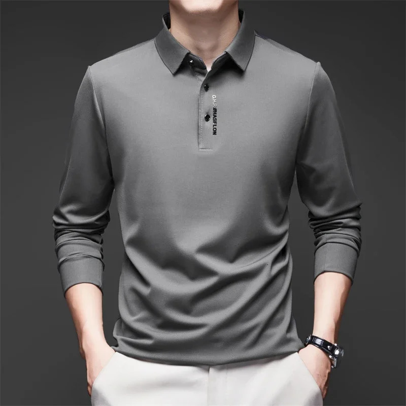 Mens Business Casual Long Sleeved Shirt with Badge Solid Color Polo Shirt Fashionable Breathable Comfortable Versatile Top 250225