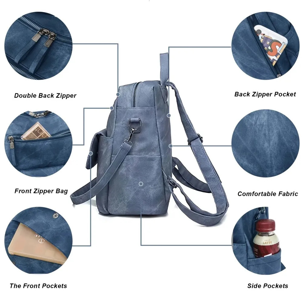 Ship from US PU Leather Purse Backpack for Women Handbag Shoulder Bags Blue 250227FBB