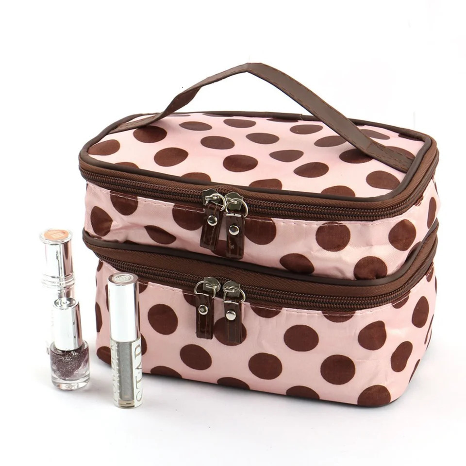 Ship from US Double Layer Dot Pattern Travel Cosmetic Makeup Bag Organizer with Mirror 250227FBB