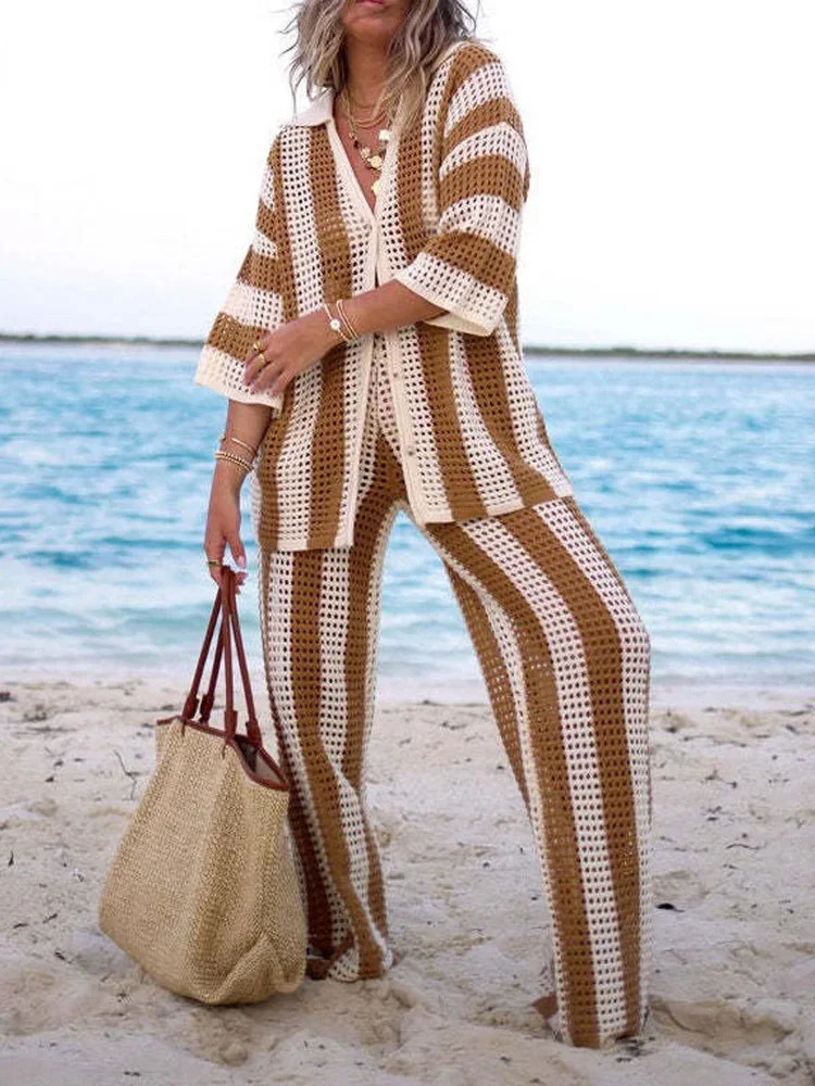 Sexy Hollowed Vertical Stripe Womens Wide Leg Pants Set Casual Lapel V Neck Loose Shirt Suit Summer Female Vacation Chic Outfit 250226