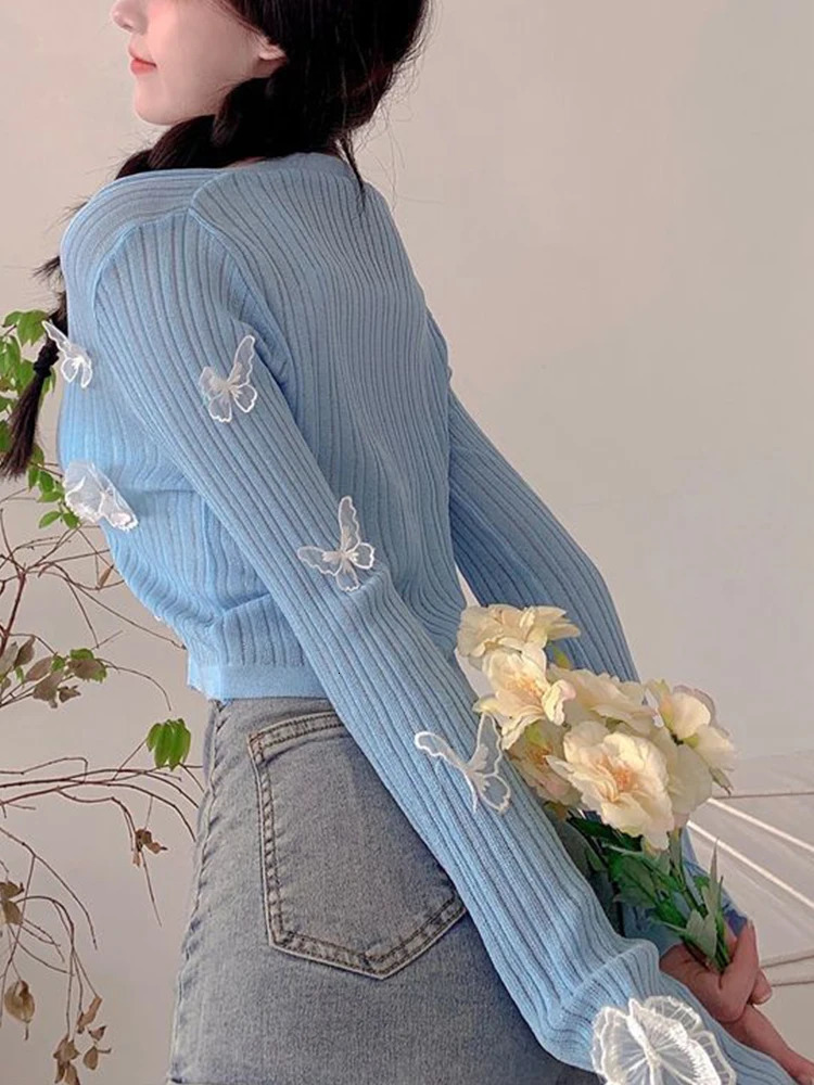 Pink butterfly cardigan wool sweater womens summer long sleeved knitted Korean fashion cute ultrathin button Sunscreen crop top 250225