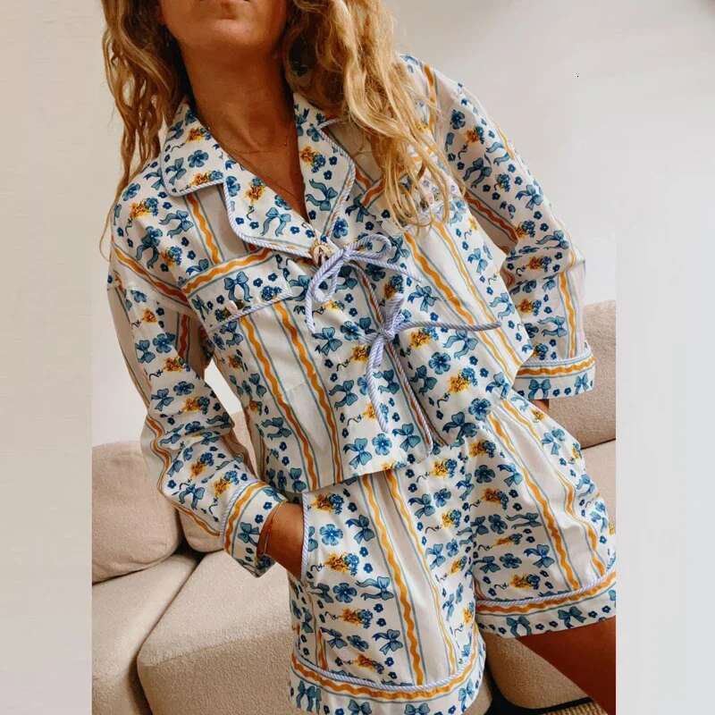 Haruku Fashion Ral Print Short Sets Women Spring Turn-Down Collar Lace-Up Bowknot Suit Autumn Long Sleeve Two Piece Outfits