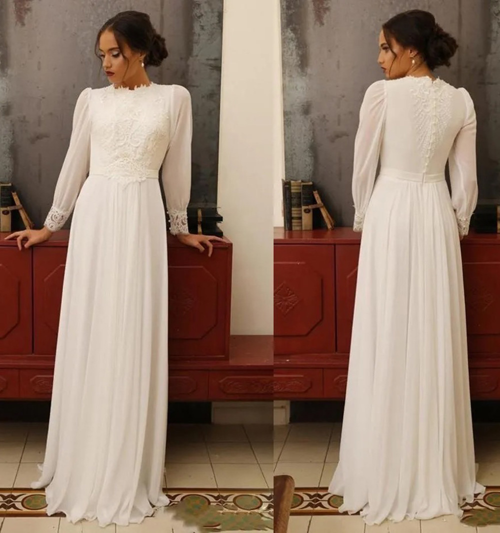 A-Line Wedding Dresses Puffy Long Sleeves High Neck Appliques Lace Floor Length Bridal Gowns Formal Dress Custom Made