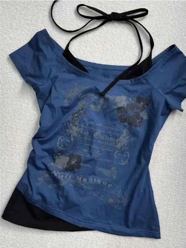 Vintage Two Piece Halter Lace Up Tshirts Y2k Slim Fit Print Tops Women Off Shoulder Short Sleeve Tee Shirt 250226