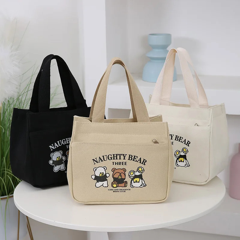 Ship from US Cartoon Cute Printed Pattern Canvas Versatile Handbag Office Worker Lunch Bag Tote 250227FBB