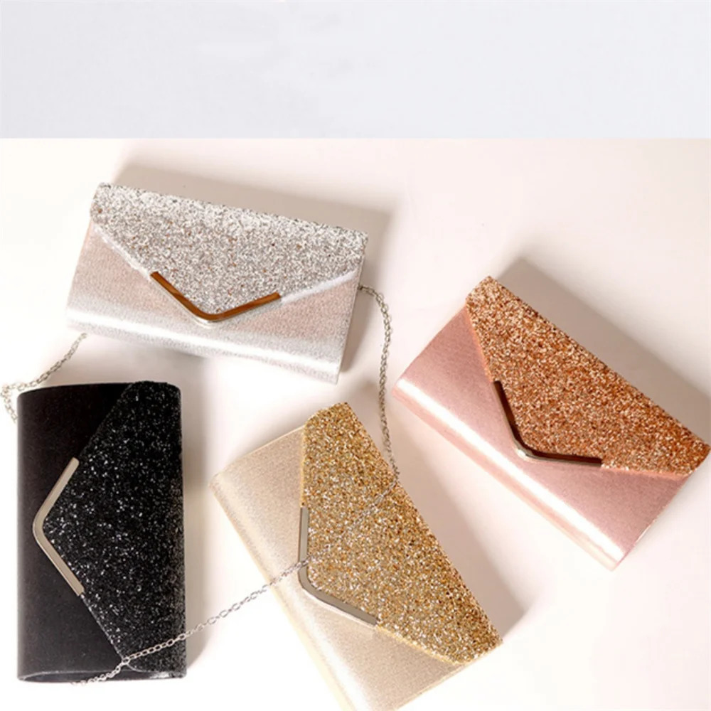 Women Envelope Evening Bag Shiny Silver Long Purse Glitter Ladies Chain Shoulder Bags Female Wedding Party Clutches Mini Handbag 250226