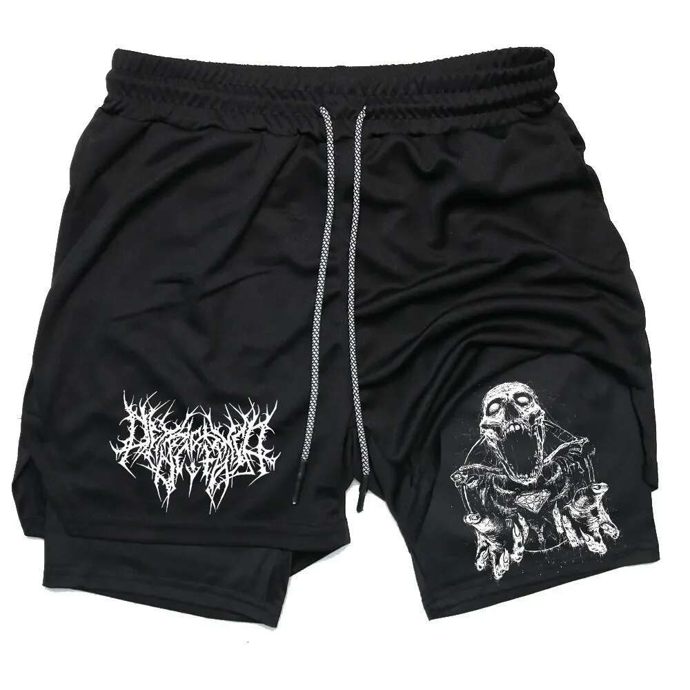 Y2k Performance Men Quick-Drying Fiess Skull Print Double Layer Shorts Workout Training Running Bodybuilding Sportwear