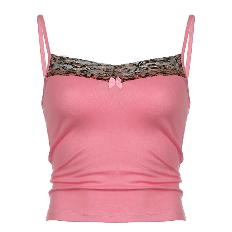 Cuteandpsycho Vintage Leopard Patchwork Camisole Sleeveless Y2K Sexy Bow Pink Clothes Fashion Retro 90s Womens Crop Outfits 250226