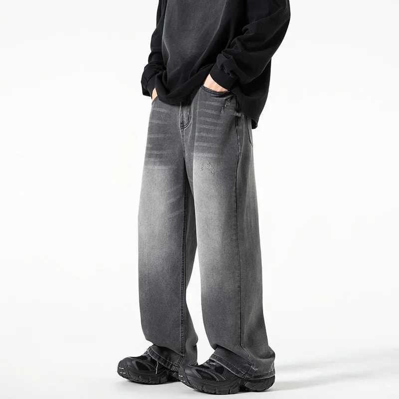 New Washed Jeans Street Trousers Male Denim Pants Solid Color Wide Leg Pant Button Casual Streetwear Hip Hop Heavy Metal Style X250227
