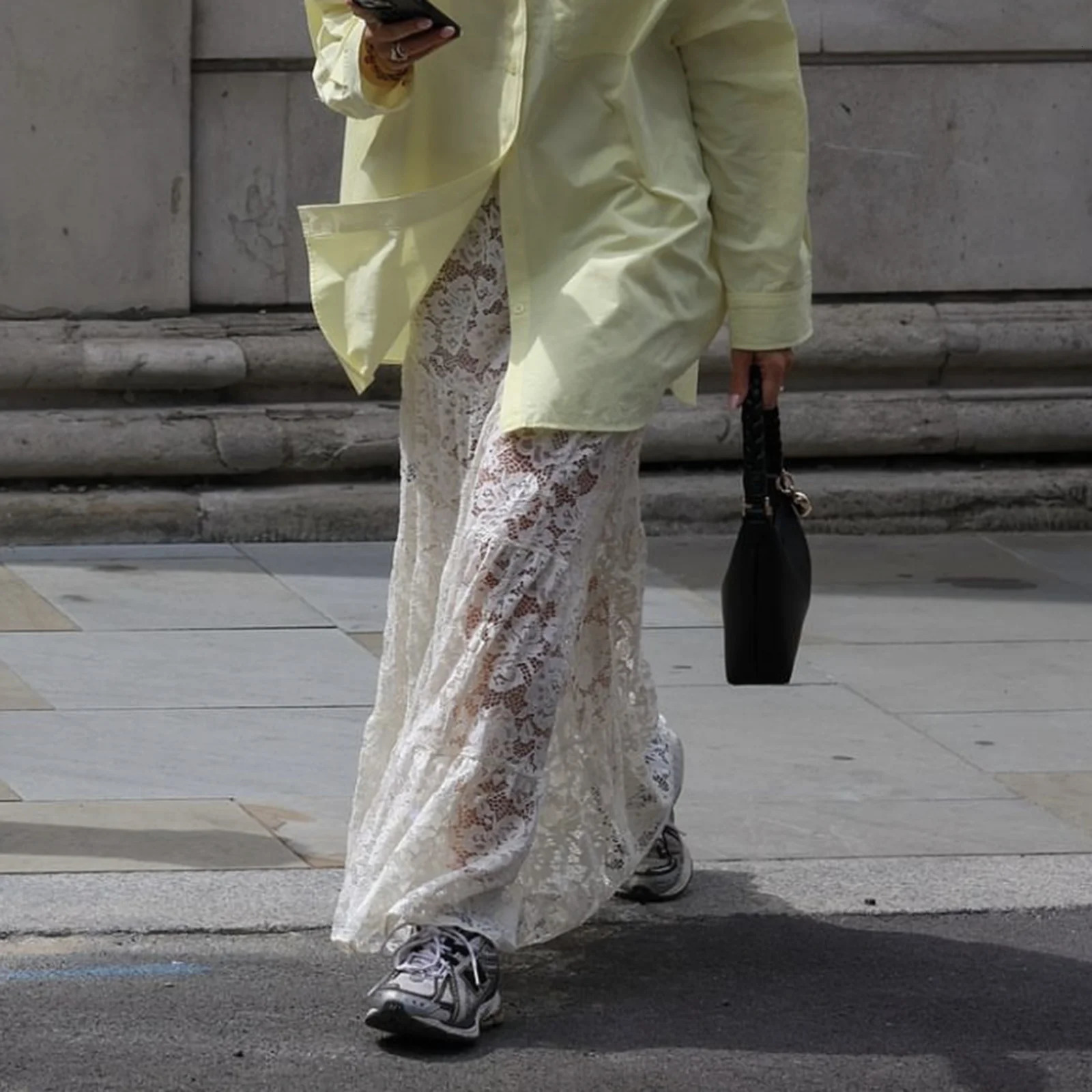 Combhasaki Womens Summer Y2K Vintage Floral Lace Sheer See-Through Elastic High Waist Ruffled Hem Swing A-Line Long Skirts 250224