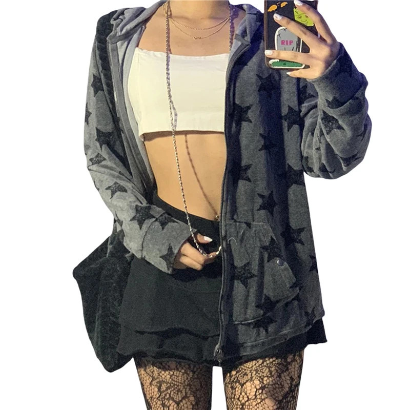 Womens Gothic Sweatshirt Punk Style Star Pattern Zip Up Long Sleeve Hooded Tops with Pockets y2k Dark Academia Clothes 250226