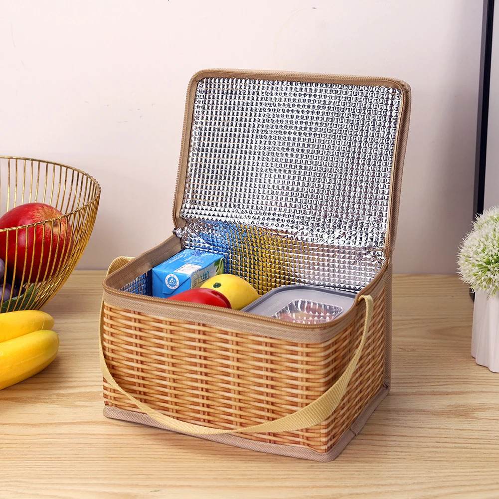 Ship from US Khaki willow branches Ratan picnic bag waterproof tabletop storage basket lunch box cooler container 250227FBB