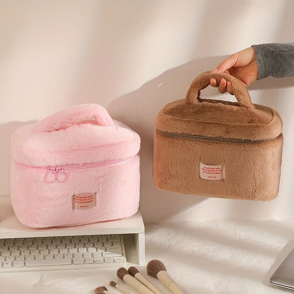 Ship from US Sweet Solid Color Plush Zipper Makeup Bag Lightweight Versatile Cosmetic Organizer With Handle 250227FBB