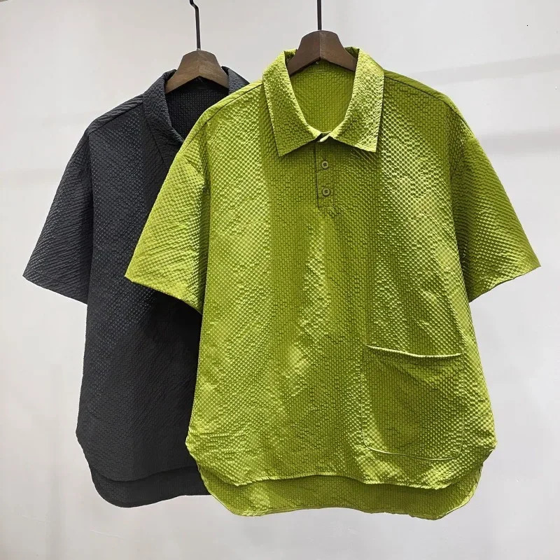 Loose Solid Lattice Short Sleeve T-shirt Men POLO Cool and Breathable Outdoor Tops Summer Green Sweat-absorbing Vintage Tees 250226