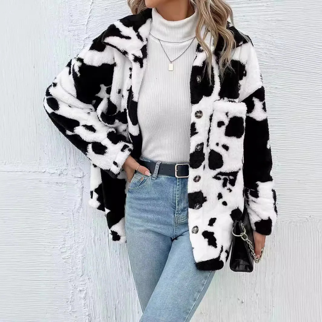 Womens Cow Print Doublesided Cashmere Coat Autumn Winter Loose Coats With Pockets Single Breasted Lapel Collar Plush Jacket 250227