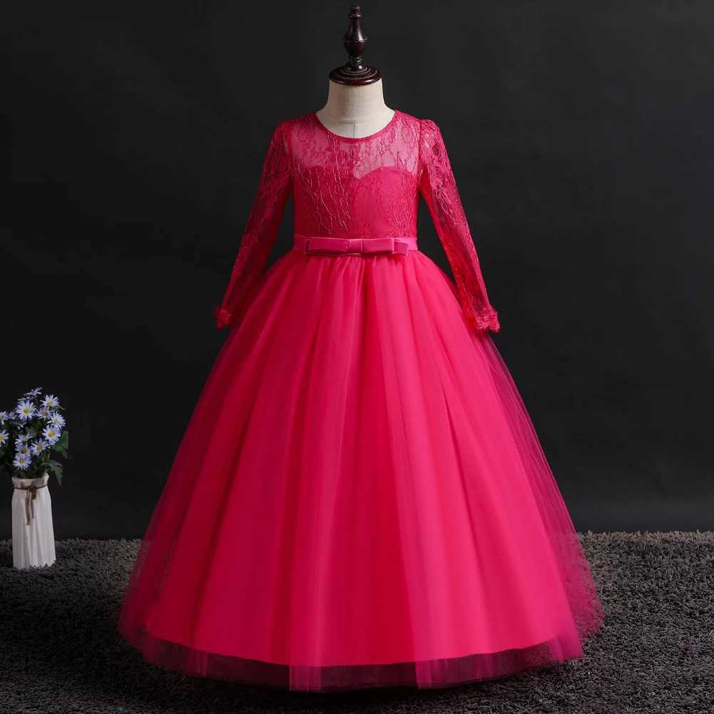 Girl's Dresses Spring New Ankle Length Lace Long Sleeve Ruffle Long Dress Piano Party Performance Costume Little Girl Princess Dress Y250227NC0S