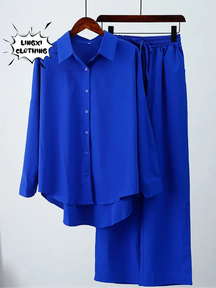 Summer Outfits for Women Fashion Loose Elastic Wrinkle Long Sleeve Shirt Wide Leg Pants Casual Set 2 Piece 250226