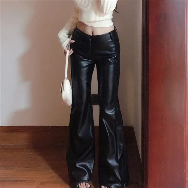 Black Pear-Shaped High-Waisted Plus-Size Wide-Leg PU Leather Pants Womens Bell-Bottom Pants Autumn Season 250226