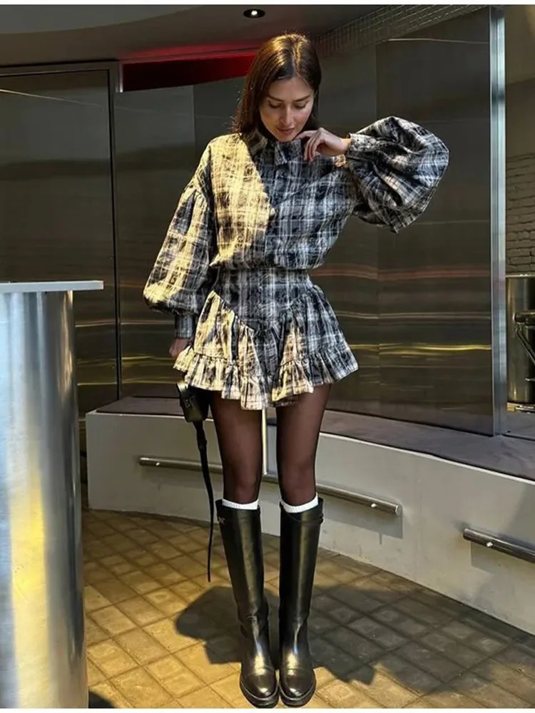 Spring Solid Shirt Ruffle Short Skirt Sets Women Elegant Lapel Puff Sleeve Tops Suit With Mini Skirts Female Skirt Suit Outfits 250226