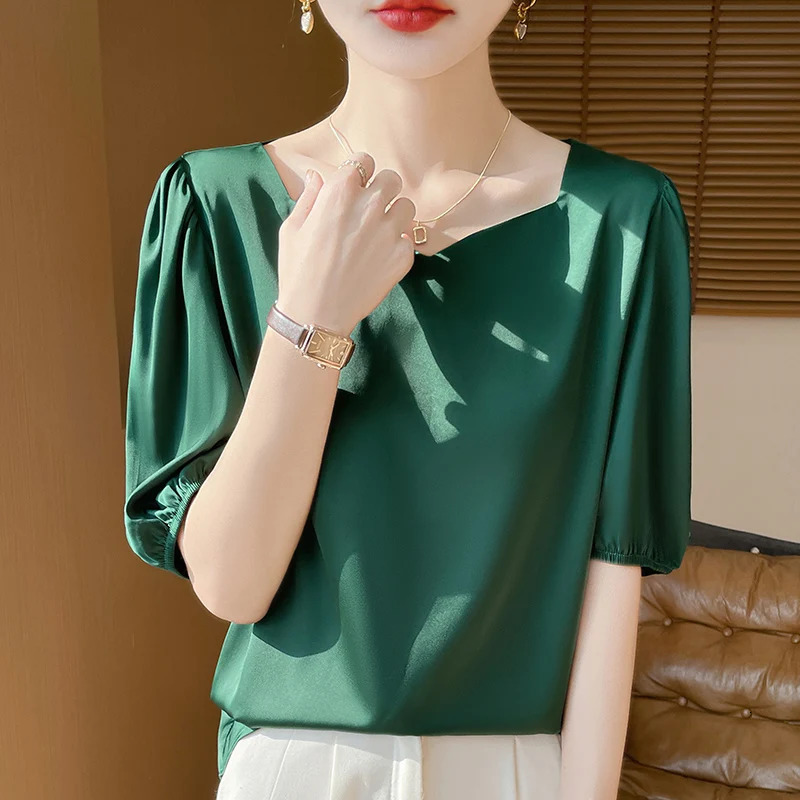 2025 Women Summer Fashion Short Sleeve T-Shirts Loose Shirt Tops Female Solid Color Satin Shirts Ladies O-neck Casual Blouses 250226