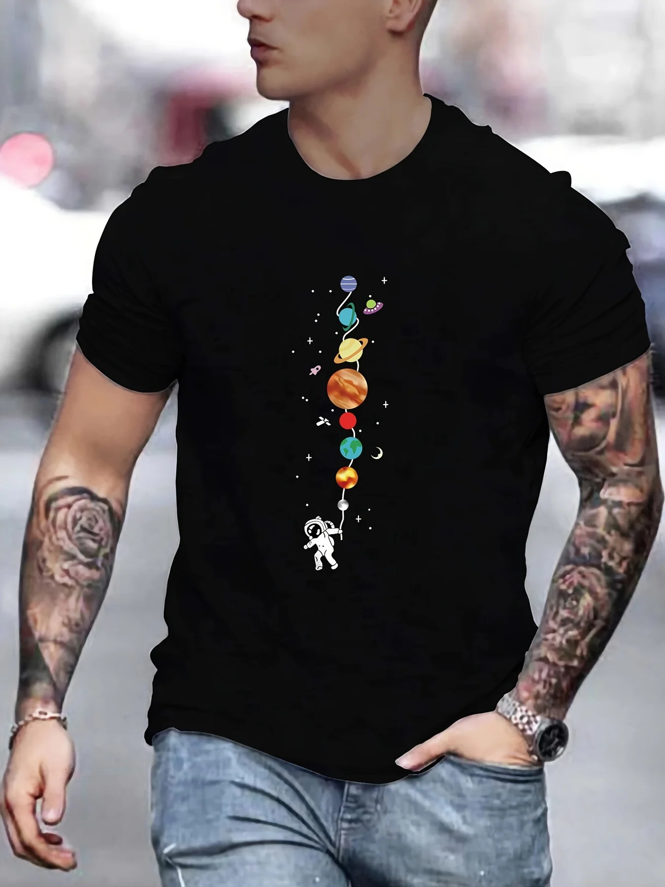 Mens 100% pure cotton summer loose size astronaut planet pattern print casual comfortable round neck short sleeved T-shirt top 250227