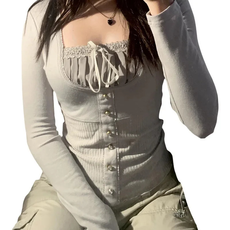 Y2K top womens clothing sweet Tshirt crop spring and autumn retro lace patch work long sleeved 250226