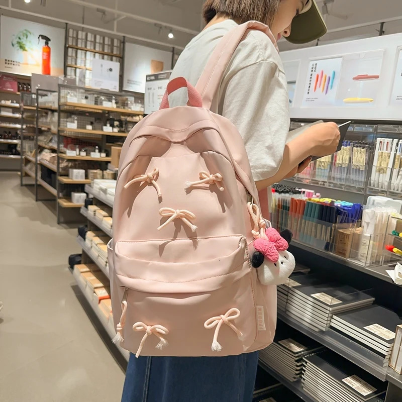 Ship from US Fashion Bow Backpack Laptop Rucksack Large Capacity Students Bookbags Solid Color Stylish Daypack Multipockets Travel 250227FBB