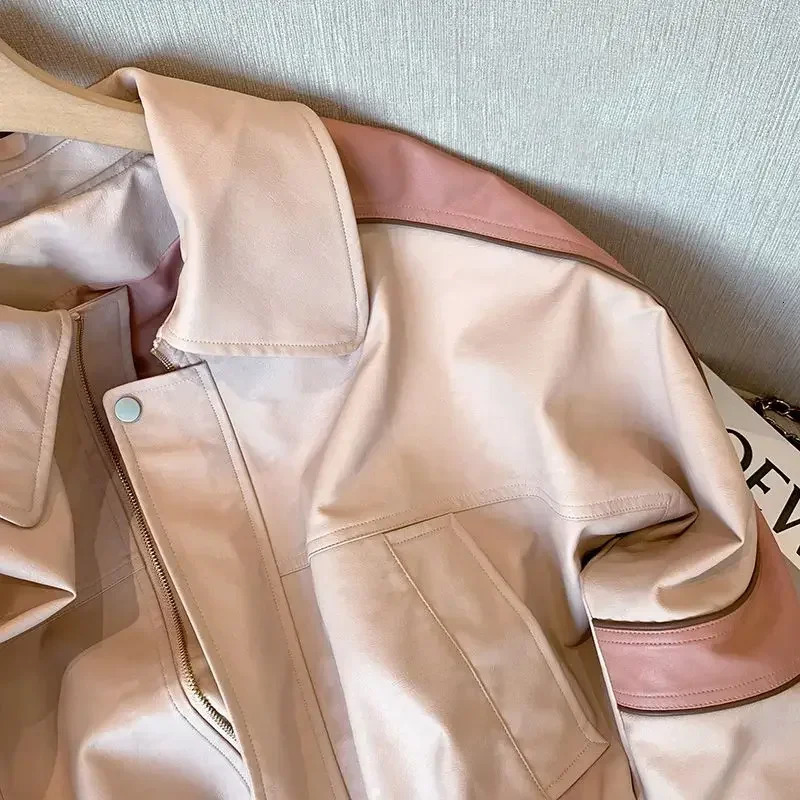 Pink Casual Leather Coat for Women Spring Loose Streetwear Lapel Long Sleeve Jackets Korean Style Chic Vintage Tops 250227