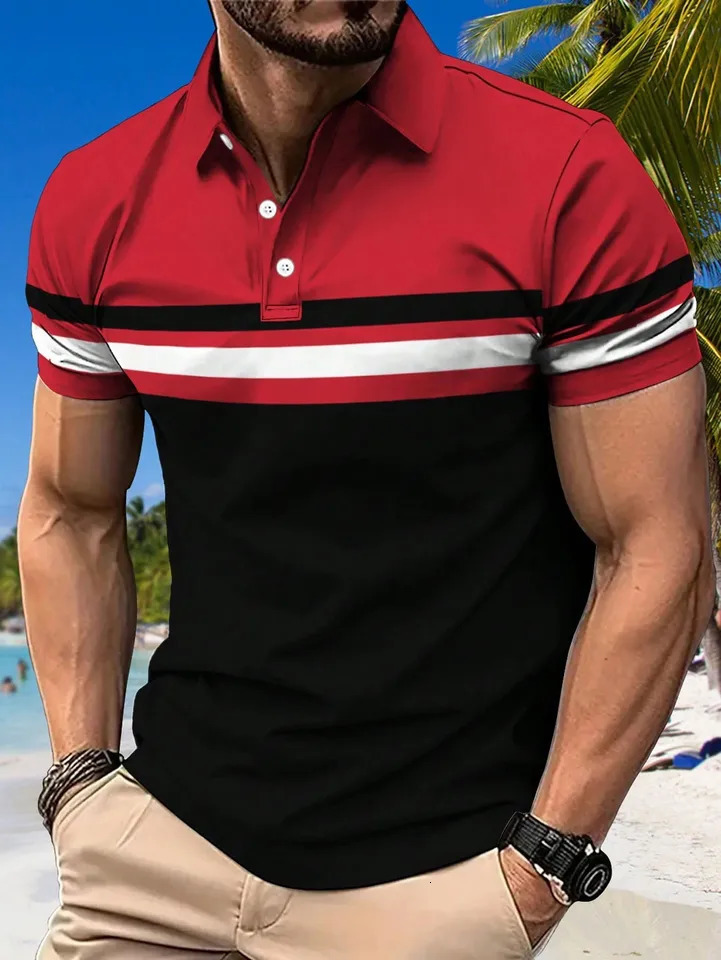 Summer Mens Polo Shirt Button Collar Short Sleeve Pullover Casual Sports Solid Color Striped Lapel Trend Mens T Shirt 250227