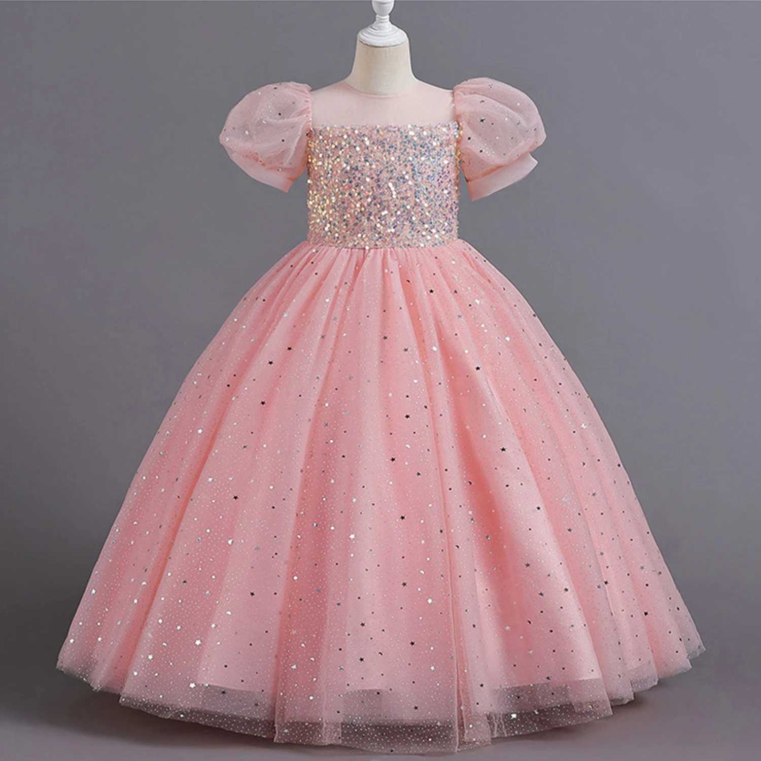 Girl's Dresses Shining toddlers big girls sequins puffs sleeves floral girls birthday party dresses formal evening dresses Y2502276TJP