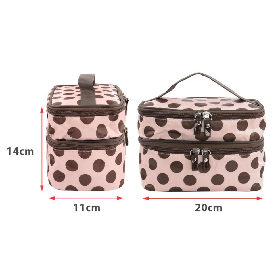 Ship from US Double Layer Dot Pattern Travel Cosmetic Makeup Bag Organizer with Mirror 250227FBB