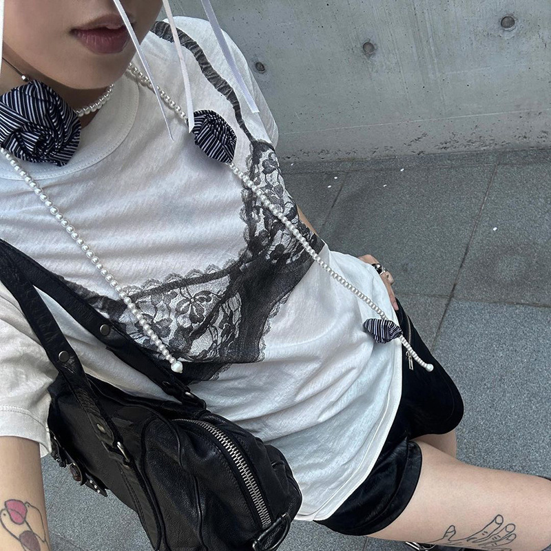 Design sense contrasting lace see through corset printed T-shirt 2025 summer fashion loose casual short sleeved top