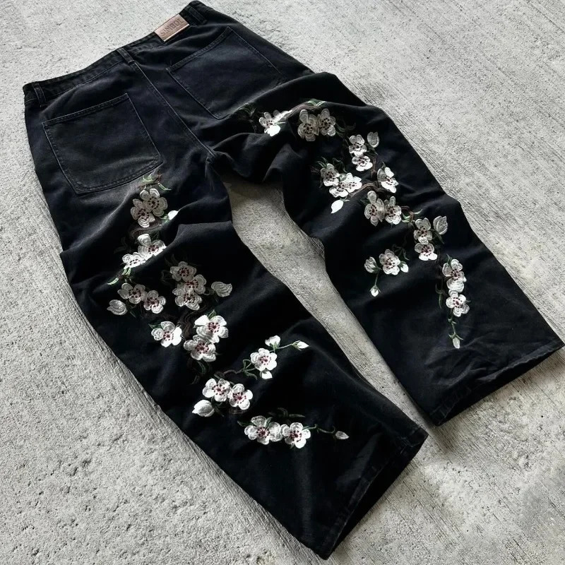 Y2K bagged jeans Harajuku retro cherry blossom embroidered high-quality street jeans hip-hop gothic mens wide leg jeans 250226