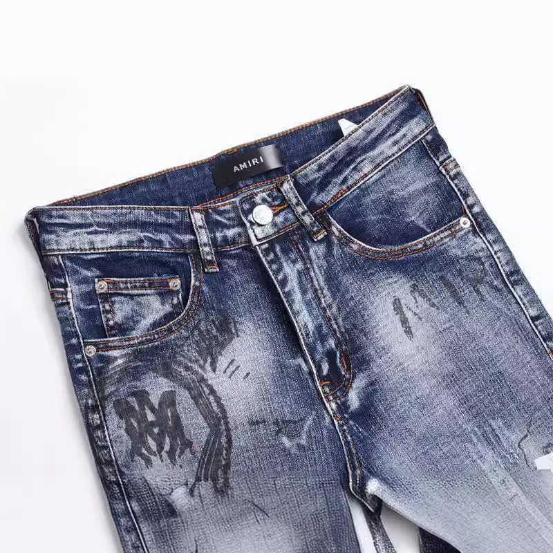 Slim-fit American Street Elastic Retro Cotton Print Hole Trendy Mens Fashion Niche Jeans Chaonan Collocation X250227