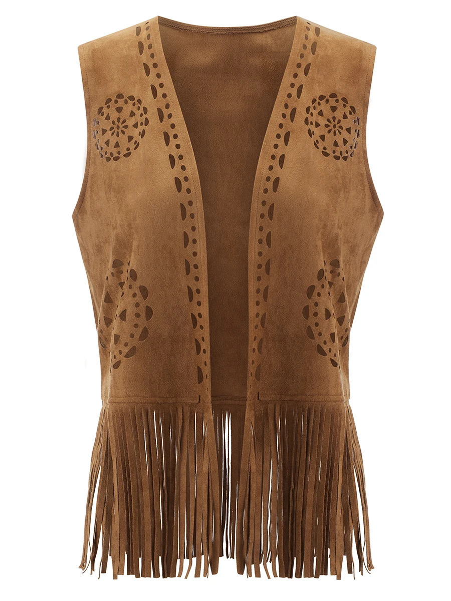 Womens Boho Fringe Faux Leather Vest Stylish Open Front Sleeveless Tassel Western Jacket Hippie Festival Wear 250226