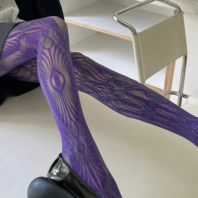 Women Breathable Fishnet Pantyhose Fashion Personality Pattern Lace Tights Hollow Out Mesh Sexy Ladies Long Stockings Female 250227