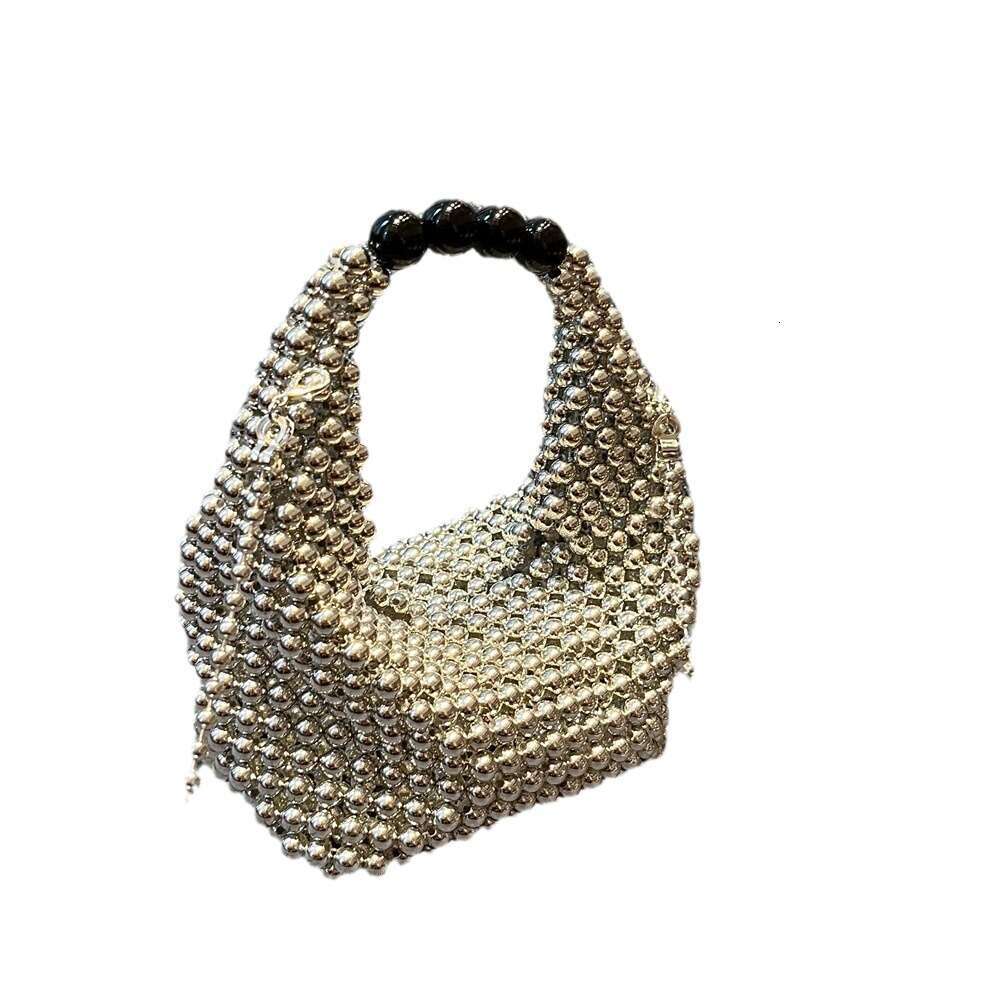 Women's Bags fashionable and high-end silver sparkling bead hand woven Boston handbag diagonal cross bag