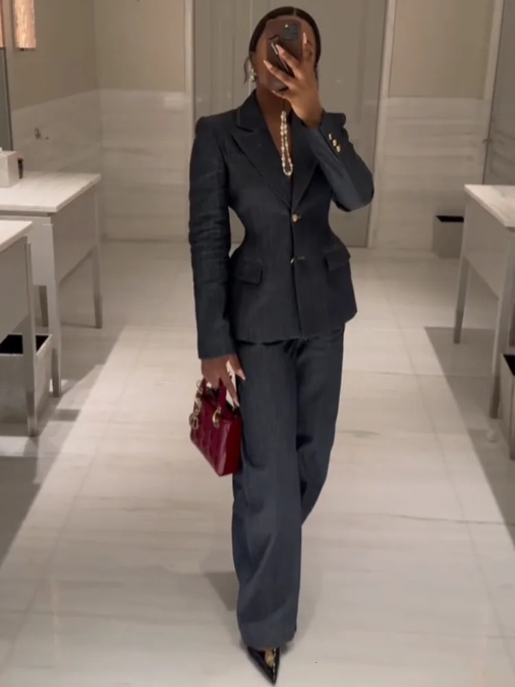 Fashion Denim Blazer Long Pants Sets For Women 2025 Spring Lapel Suit Jacket Chic V-neck Vest Wide Leg Pants 3 Pieces Suits 250226