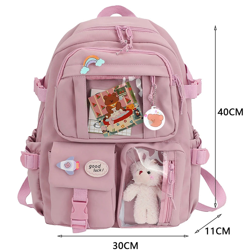 Ship from US College Student Rucksack Fashion Casual Book Bags Nylon with Plush Pendant Pin Cute Large Capacity Japanese Style for Teen Girls 250227FB