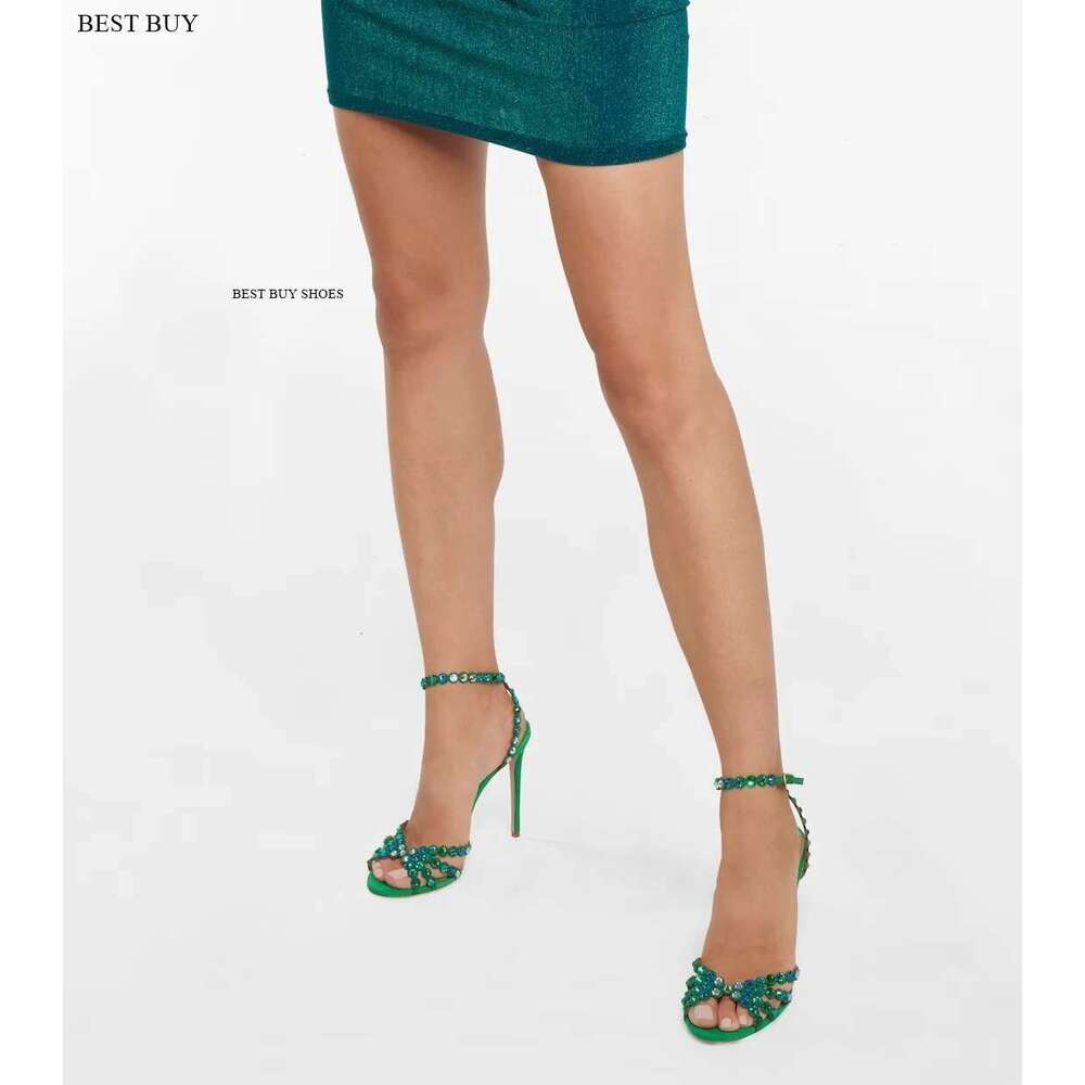Women's green Sier peep toe Thin High Heel Rhie Sandals Embellished Ankle Strap Strappy Party Dress designer sandals