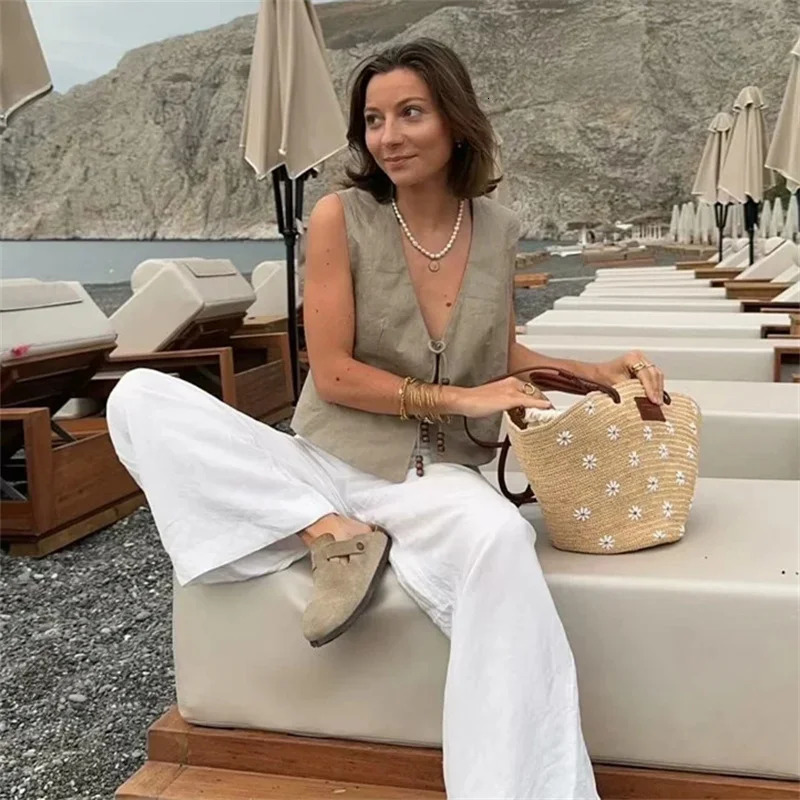 TRAF Black Cropped Vest Women Jacket Beading Tied Sleeveless Woman Fashion V Neck Summer Short Coats Waistcoat 250226