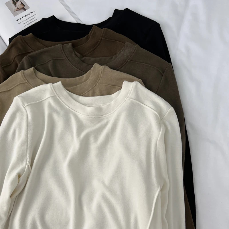 Slim Fit Striped Pit Solid Basic Tops Round Neck Long Sleeved Tshirt Womens Spring Autumn Inner Layup Bright Thread Tee 250226