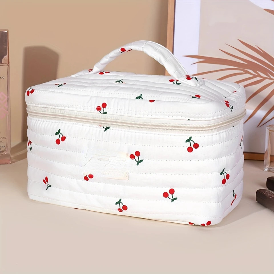 Ship from US Cherry Printed Cotton Makeup Bag Set Elegant Female Toilet Organizer Travel Gift 250227FBB