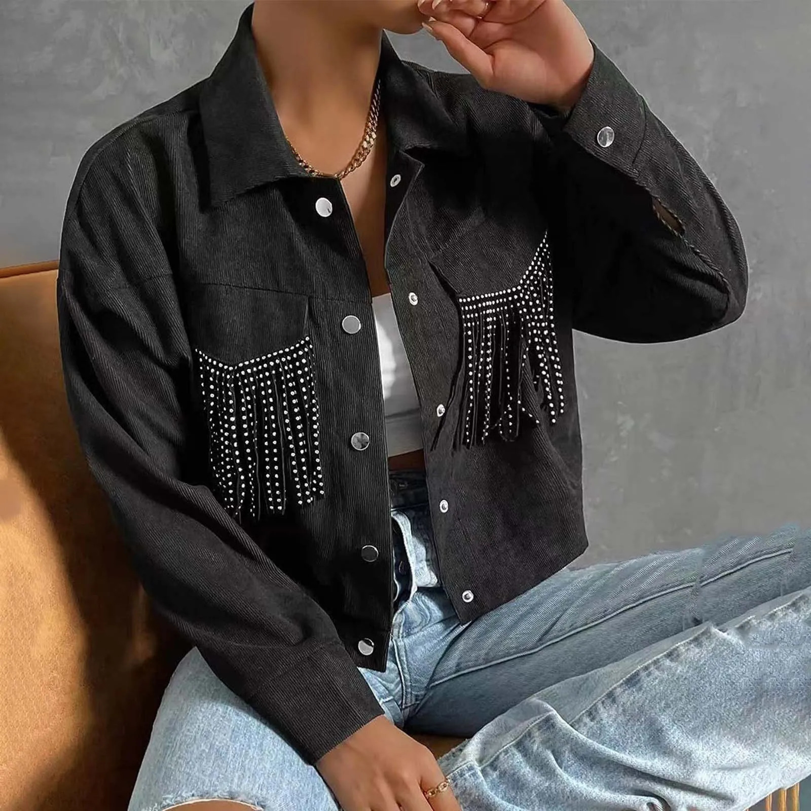 Womens Fringe Lapel Demin Short Jacket Tops Streetwear Plus Size Button Up Cropped Outwears Fall Loose Fit Shirts Trench Coats 250227