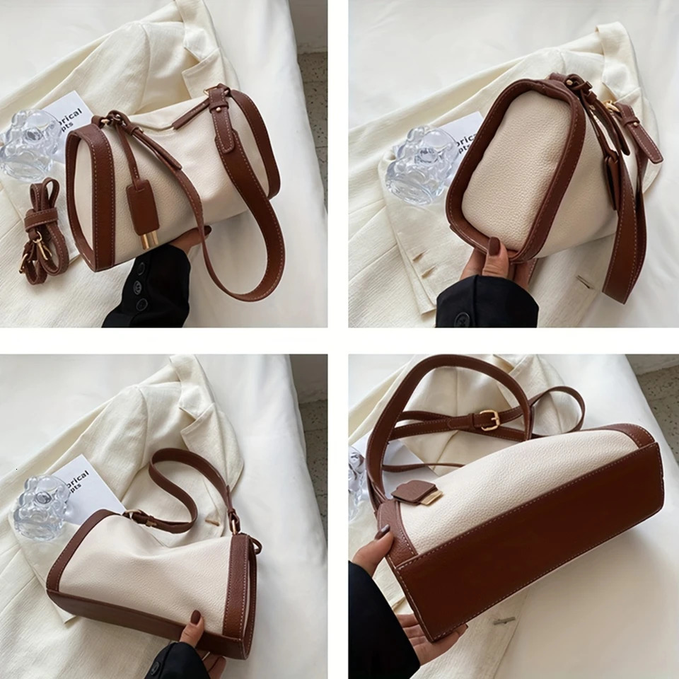 Ship from US Vintage Contrast Color Boston Bag Top Handle Satchel Shoulder Womens Versatile Handbag Purse 250227FBB