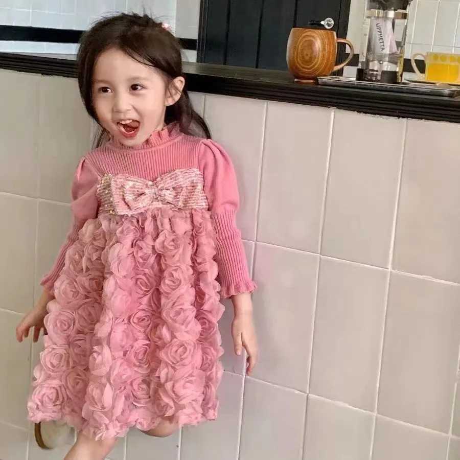 Girl's Dresses Girls Knit Cotton Sweater Dress Flowers Lace A-line Kids Wear Vestido Fashion Clothing Dust Pink Causal Fall Spring Outwear Y25022