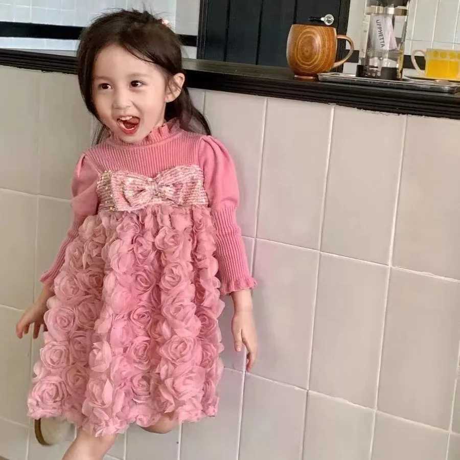 Girl's Dresses Girls Knit Cotton Sweater Dress Flowers Lace A-line Kids Wear Vestido Fashion Clothing Dust Pink Causal Fall Spring Outwear Y25022