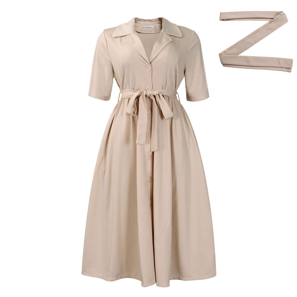 D506 Women's Summer Suit Collar Short Sleeve Solid Color Waist Large Swing Dress 2025 New Casual Fashion Trendy Clothing